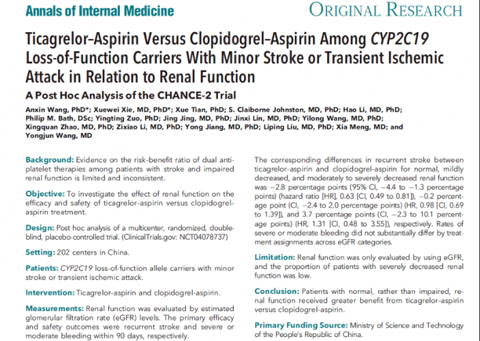 《Annals of Internal Medicine》51caosaob肾功能对急性缺血性脑血管病患者不同双抗治疗策略的疗效与安全性影响